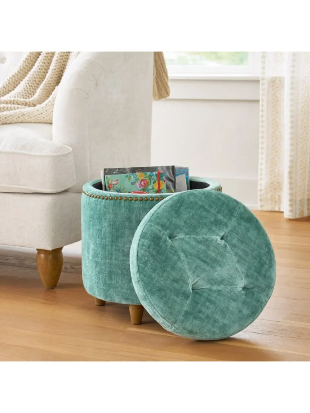 The Pioneer Woman Home Green Footstools Harper Round Velvet Storage Jade Ottoman